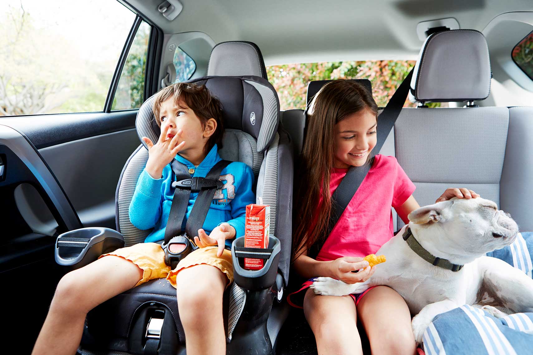 Indoor lifestyle photograph of two children riding in the car eating a snack and petting their dog.